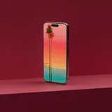 A smartphone with a vivid gradient wallpaper standing against a deep red backdrop