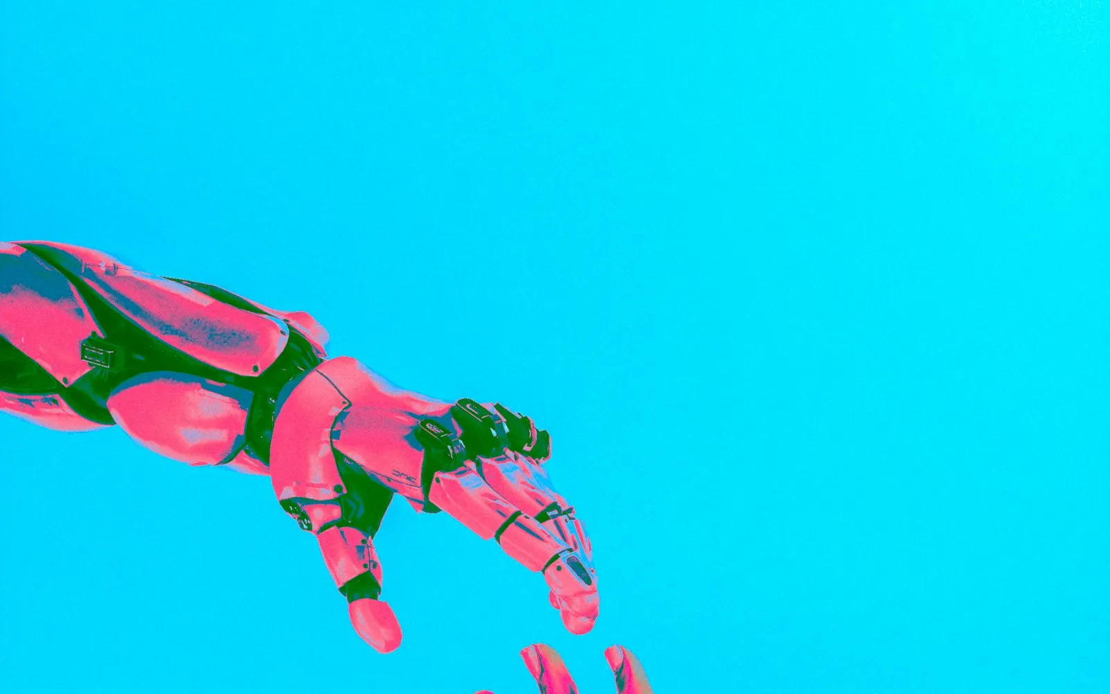 A pink robotic hand reaching out against a bright cyan background
